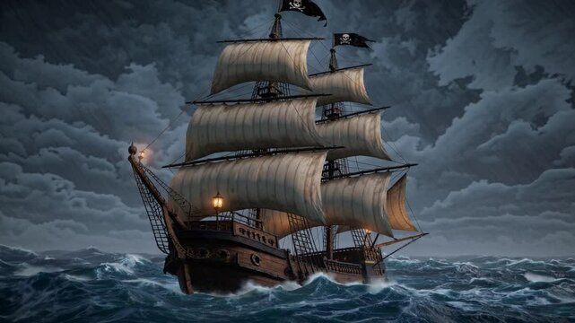 Vintage wooden pirate ship battling rough waves under dark stormy skies, capturing adventure, danger, exploration, and the legendary spirit of maritime history and piracy