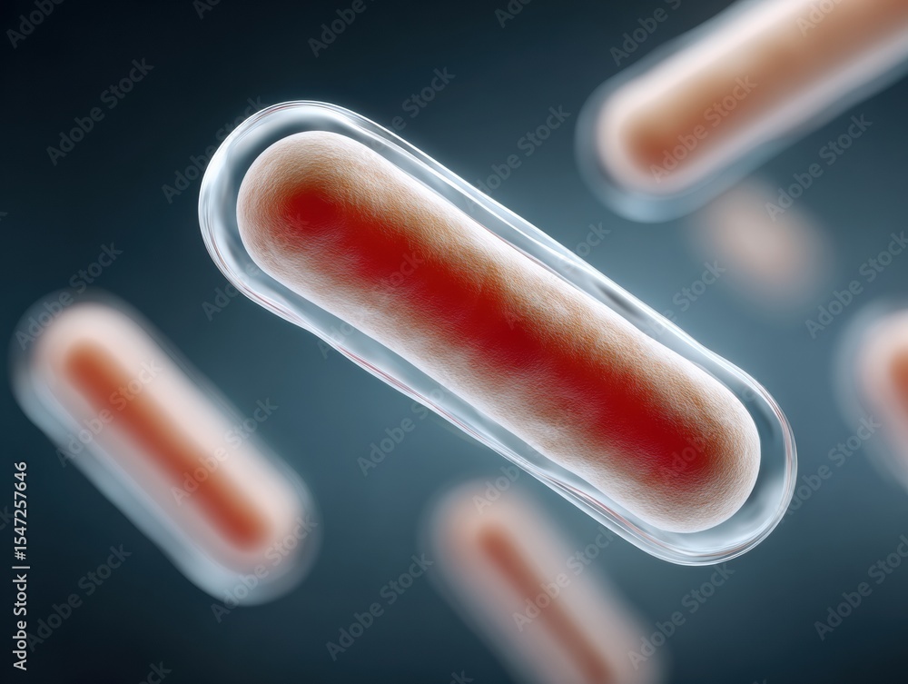 Poster close-up of rod-shaped bacteria with flagella in a cellular environment, symbolizing probiotics and 