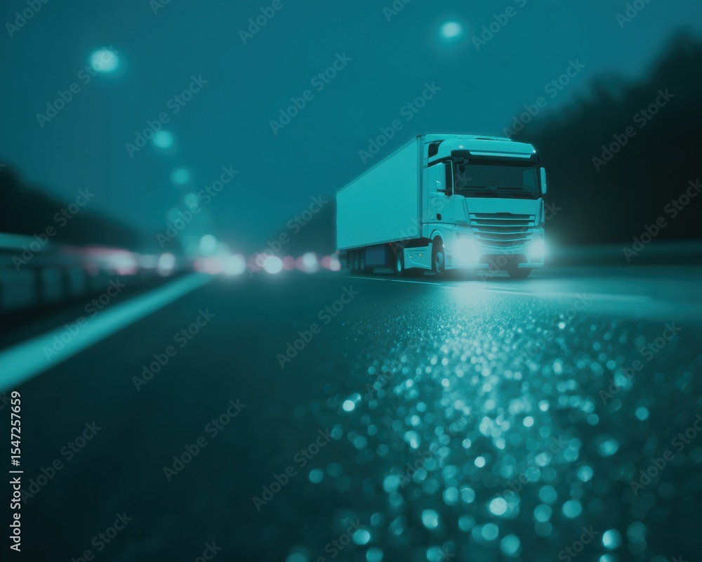 Poster autonomous truck driving at night on highway with digital interface overlay representing innovation 