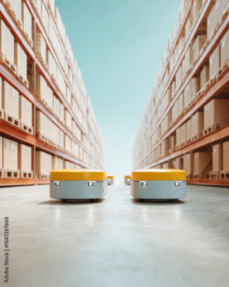 Aufkleber Autonomous Delivery Robots Navigating Spacious Warehouse Aisles with Organized Storage Racks for Efficient Supply Chain Automation and Logistics Innovation