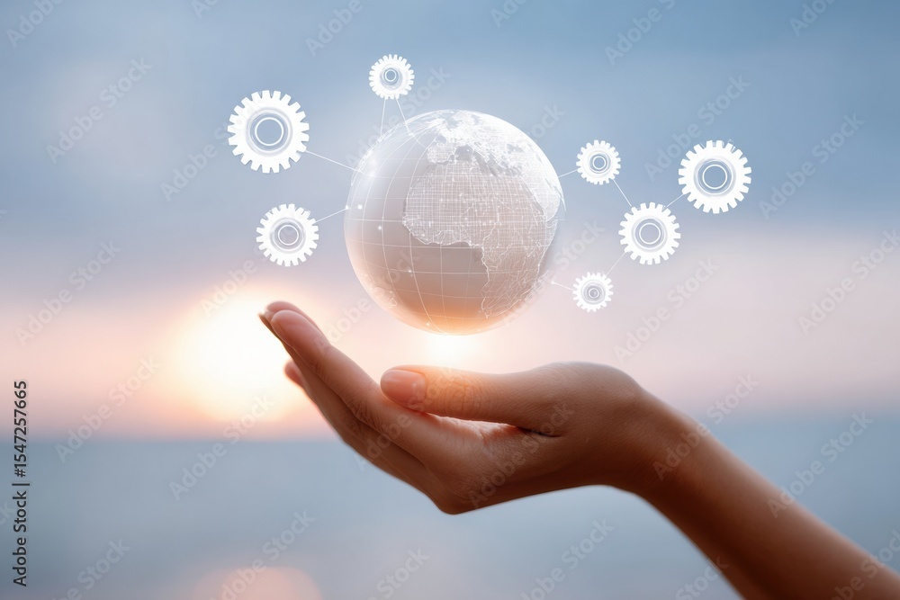 Aufkleber Digital Automation Pipeline with Virtual Globe and Gears Handheld at Sunset Representing Global DevOps Integration and Scalable Cloud Deployment Technology