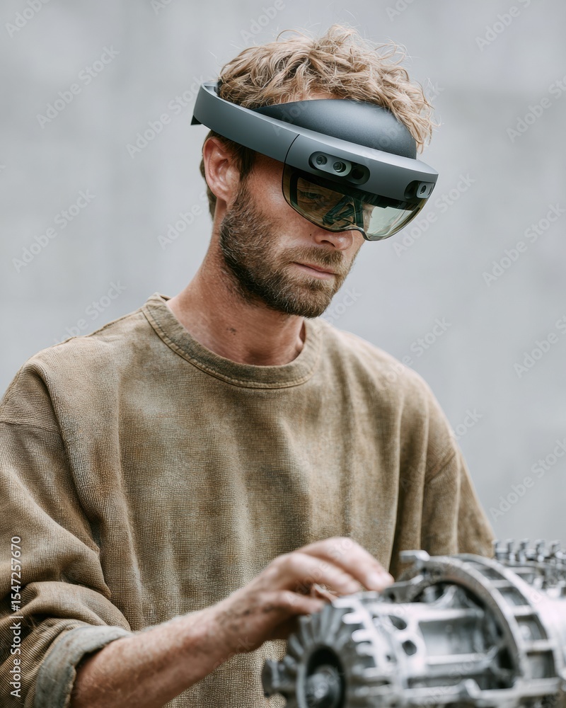 Aufkleber Autonomous engineer wearing augmented reality headset interacts with holographic engine model in advanced industrial factory for digital manufacturing innovation