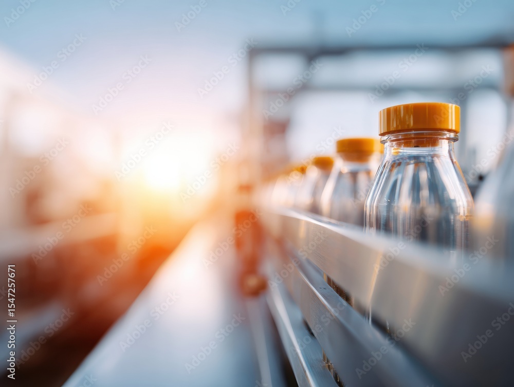 Aufkleber automated production line with transparent bottles and orange caps on conveyor belt in modern manufa