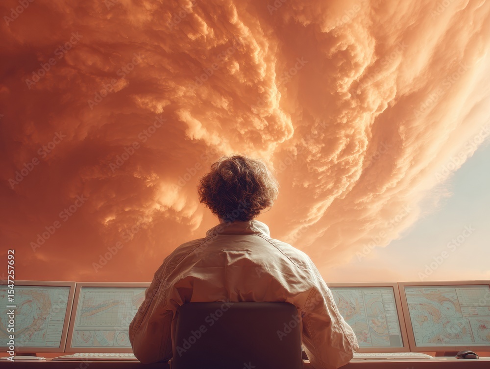 Aufkleber Meteorologist Monitoring Real-Time Hurricane Data on Multiple Screens in High-Tech Control Room - Disaster Preparedness and Trusted Storm Intelligence