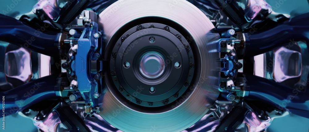 Poster high-tech automotive brake disc and caliper assembly close-up with mechanic hands - operational reli