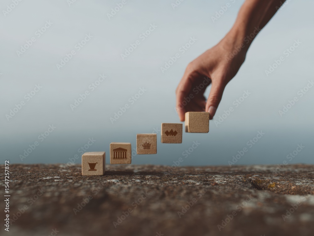 Poster Hand Stacking Wooden Cubes with Ethical Icons in Minimalist Setting Symbolizing AI Ethics and Business Compliance Growth Concept