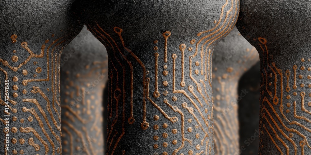 Poster ai ethics digital maze pattern with copper circuitry and glowing data nodes symbolizing complex ethi