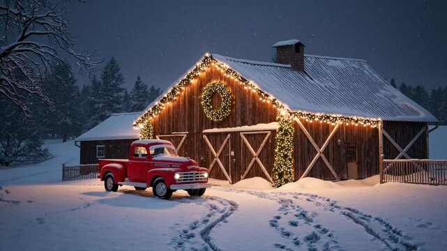 Festively decorated wooden barn glowing with warm string lights, next to a classic red pickup truck in a snowy yard, evoking holiday nostalgia and rural winter charm
