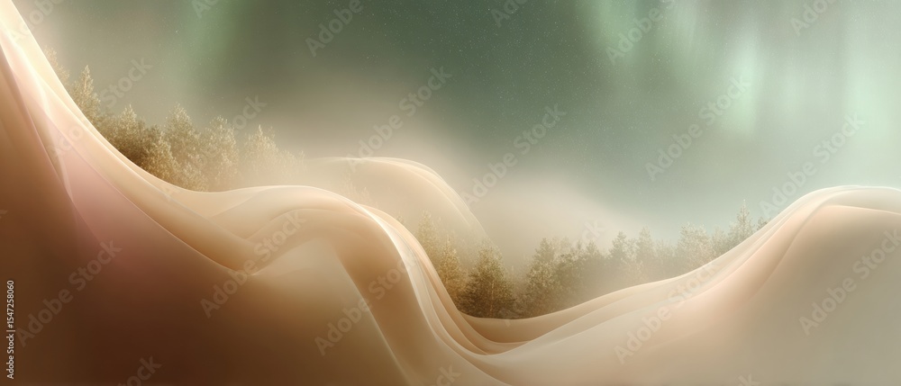 Poster Serene Aurora Borealis Above Evergreen Forest with Ethereal Magnetic Field Patterns in Soft Earth Tones for Calming Environmental Education