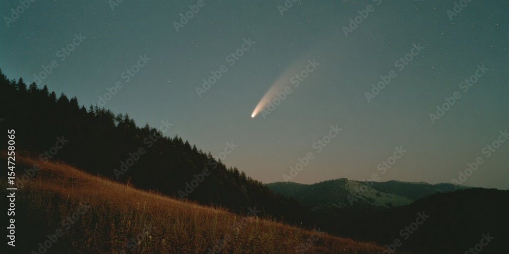 Aufkleber warm natural light silhouette of comet c2023 a3 tsuchinshan atlas over forested rolling hills for as