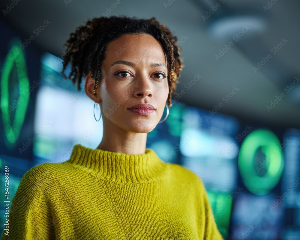 Aufkleber confident female cybersecurity analyst in vibrant green sweater defending against ransomware in high