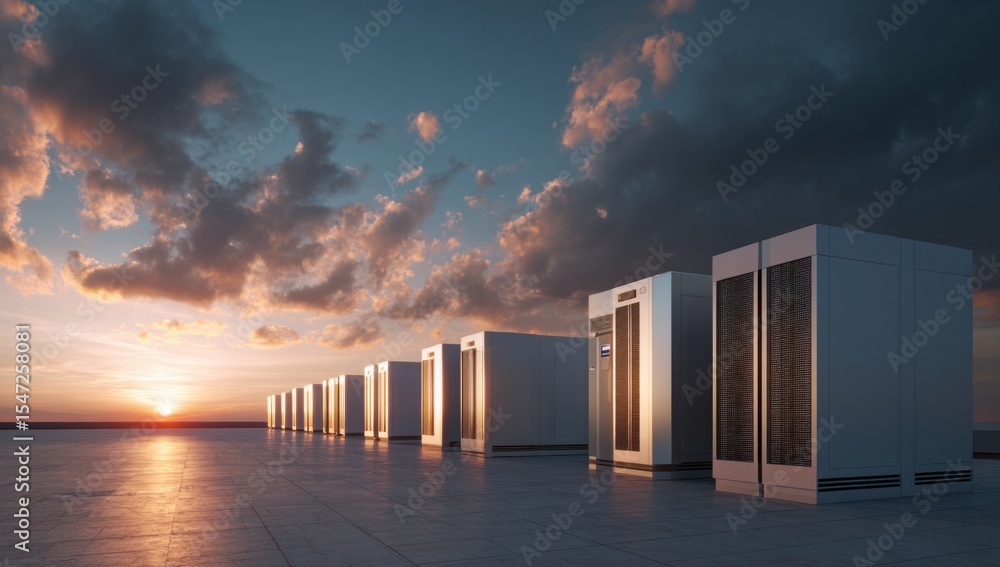 Poster data servers at sunset: a modern data center with rows of computer servers reflecting the golden lig