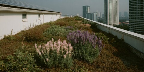 Sustainable rooftop solar garden with blooming lavender and cityscape, promoting eco-friendly energy and urban green living on World Environment Day