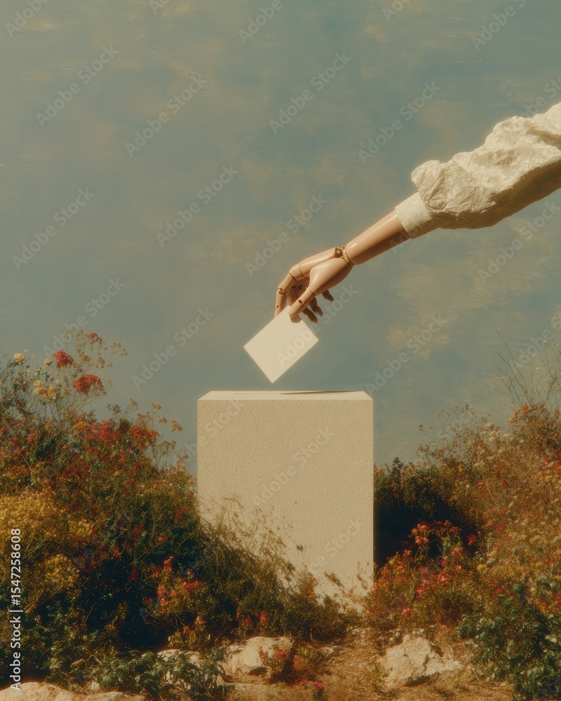 Aufkleber Robotic Hand Casting Secure Paper Ballot into Modern Voting Box in Nature Setting, Symbolizing Automation and Future of Tech-Driven Democracy