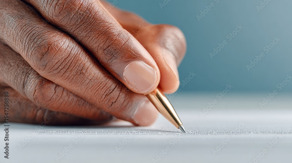 Poster twilight aesthetic business hand signing contract on professional desk with pen over legal document 