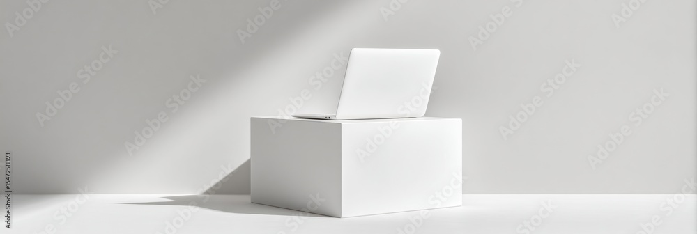 Poster Minimalist Laptop Display Showing Online Petition Form with Clean Geometric Design and Bright Studio Lighting for Digital Onboarding Solutions