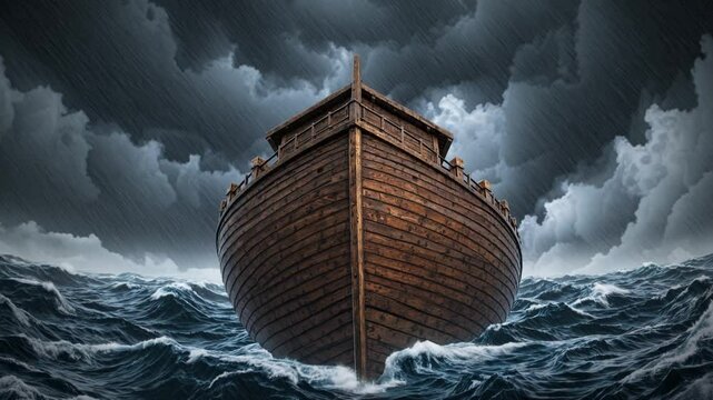Massive Noah's ark riding stormy waves under dramatic skies, symbolizing biblical salvation, survival, divine intervention, and resilience through overwhelming adversity