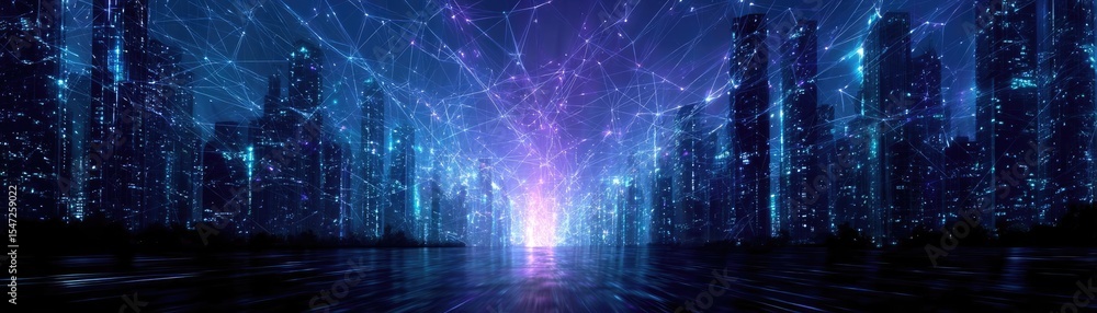Poster scalable processor using next design concept. futuristic cityscape with neon lights and digital elem