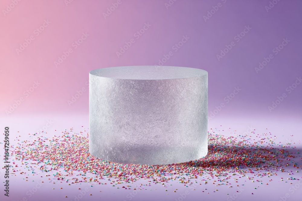 Aufkleber minimalist frosted glass podium on blush lavender gradient with colorful confetti for modern product