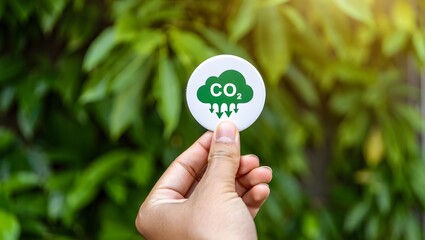 Reduce CO2 emission concept. A hand holds a green CO2 emissions symbol, representing carbon footprint awareness, net zero, and carbon neutrality. Climate change, Global warming, Greenhouse gas,
