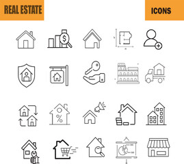 Fototapeta premium Real estate icon set. Containing realty, property, mortgage, home loan and more. Vector illustration..