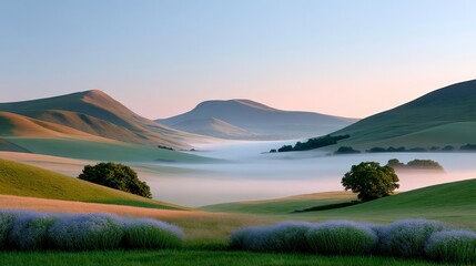 Tranquil morning landscape with rolling hills and misty valleys