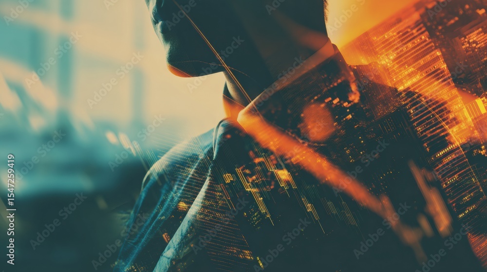 Poster flexible work schedule concept with double exposure of businessman and urban skyline showing financi