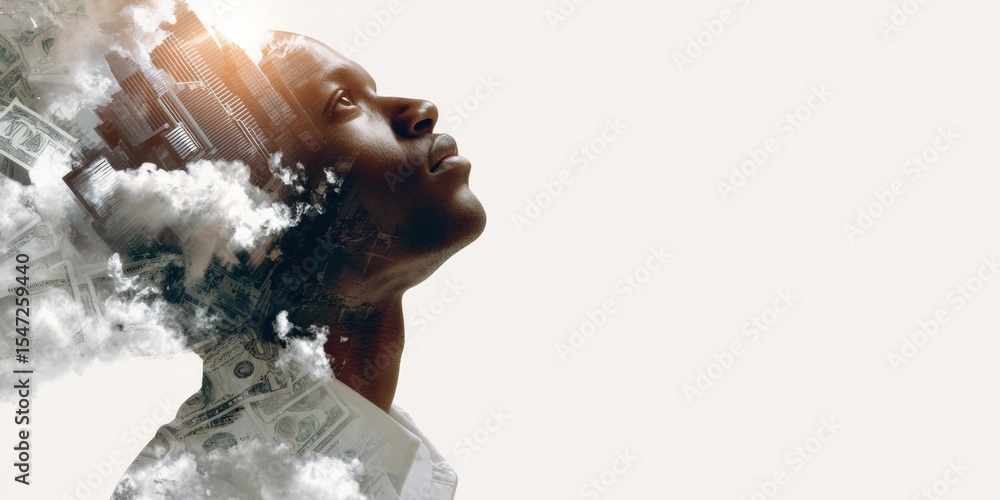 Poster dynamic double exposure business profile with urban skyline and currency symbols highlighting financ