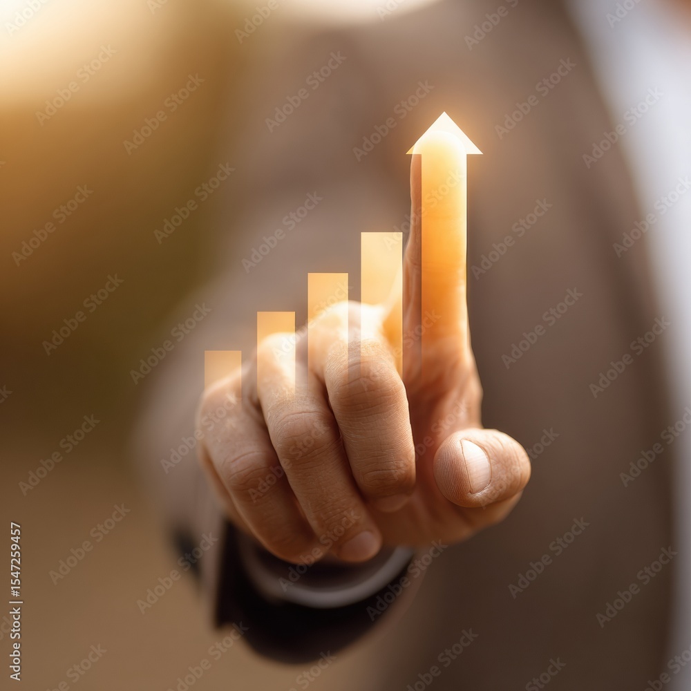 Poster businessman pointing at upward trending graph with warm rustic golden hour lighting signifying data-