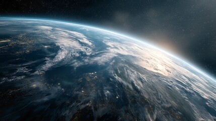 A view of earth from space with visible continents clouds and stars in the background darkness