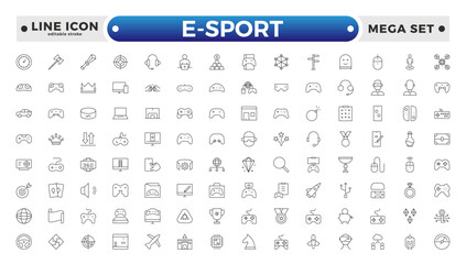 E-Sport outline icon set. Gaming icon elements containing points and life bars, console, player, chess, multiplayer, casino and mobile game icons. Video games, gaming. Editable stroke outline icon.
