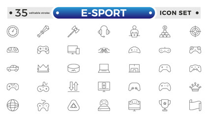 E-Sport outline icon set. Gaming icon elements containing points and life bars, console, player, chess, multiplayer, casino and mobile game icons. Video games, gaming. Editable stroke outline icon.
