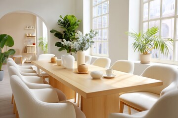 Modern dining room with scandinavian design and natural light ambiance