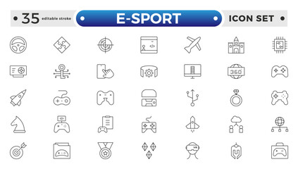 E-Sport outline icon set. Gaming icon elements containing points and life bars, console, player, chess, multiplayer, casino and mobile game icons. Video games, gaming. Editable stroke outline icon.
