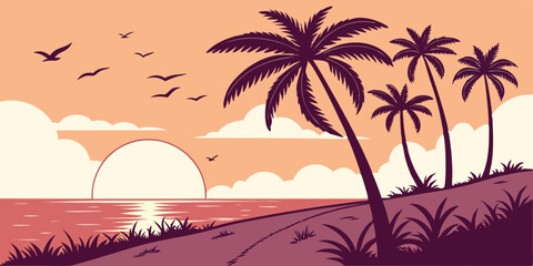 Flat Vector Sunset Beach Scene Minimal Tropical Art with Purple Palms, Orange Ocean, and Coral Gradient Sky