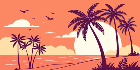 Flat Vector Sunset Beach Scene Minimal Tropical Artwork with Purple Palms, Orange Ocean, and Coral Gradient Sky