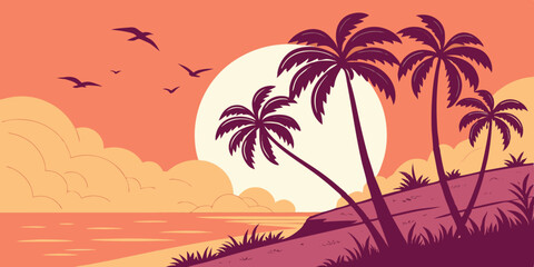 Flat Vector Sunset Beach Scene Minimal Tropical Design with Purple Palms, Orange Ocean, and Vibrant