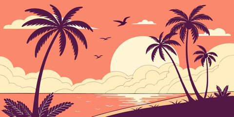 Flat Vector Sunset Beach Scene Minimal Tropical Landscape with Purple Palms, Orange Ocean, and Coral Gradient Sky