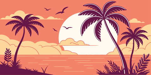 Flat Vector Sunset Beach Scene Minimal Tropical Design with Purple Palms and Vibrant Coral Gradient Sky