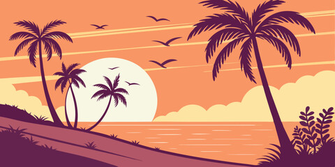 Flat Vector Sunset Beach Scene Minimal Tropical Art with Purple Palms and Vibrant Coral Gradient Sky