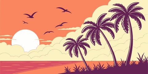 Flat Vector Sunset Beach Scene Minimal Tropical Illustration with Purple Palms and Vibrant Gradient Sky