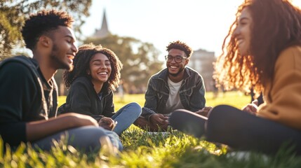 Four friends laughing outdoors