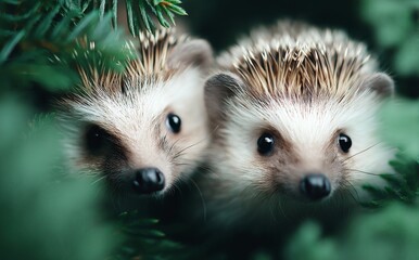 Fototapeta premium In a natural setting, a small hedgehog is snuggled up amongst vibrant green leaves. The adorable creature peeks out from its hiding place, appearing curious and alert