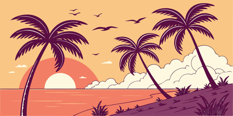 Flat Vector Sunset Beach Scene Minimal Tropical Illustration with Purple Palms and Vibrant Coral Sky
