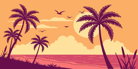 Flat Vector Sunset Beach Scene Minimal Tropical Illustration with Purple Palms and Vibrant Orange-Coral Sky