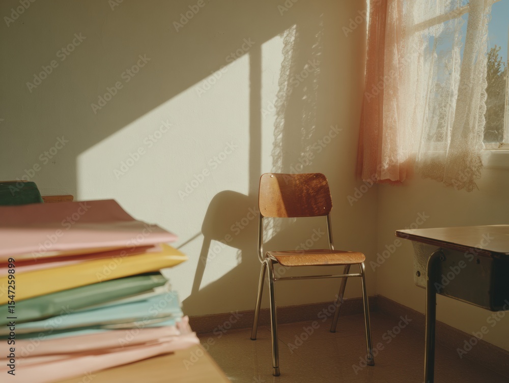 Poster Modern Collaborative Classroom at Golden Hour with Neatly Stacked Color-Coded Folders and Soft Ambient Calm Enhancing Learning Spaces
