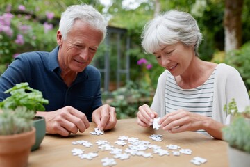 Elderly caucasian couple engaged in jigsaw puzzle activity outdoors in garden