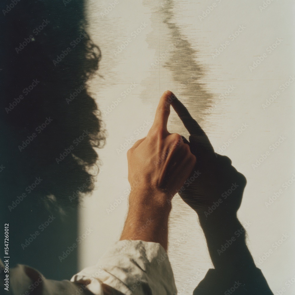 Poster human hand pointing to sharp spike on aftershock seismograph paper roll, illustrating earthquake det