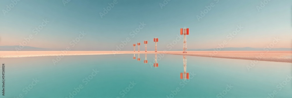Poster Minimalist 5G Antenna Towers Reflecting on Water with Clear Sky Backdrop - Telecom Infrastructure Representing Expansive Network Connectivity and Digital Innovation