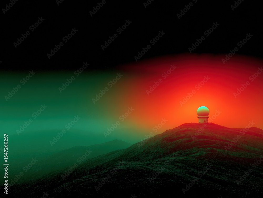 Poster remote weather radar station on mountain peak with advanced telecommunications dome capturing arctic